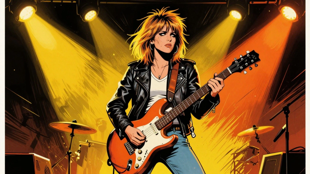 Cartoon illustration of Chrissie Hynde playing guitar energetically