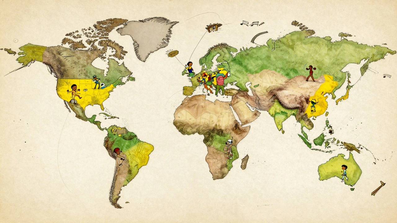 Cartoon map showing global reggae fans connected by musical waves and radio signals.
