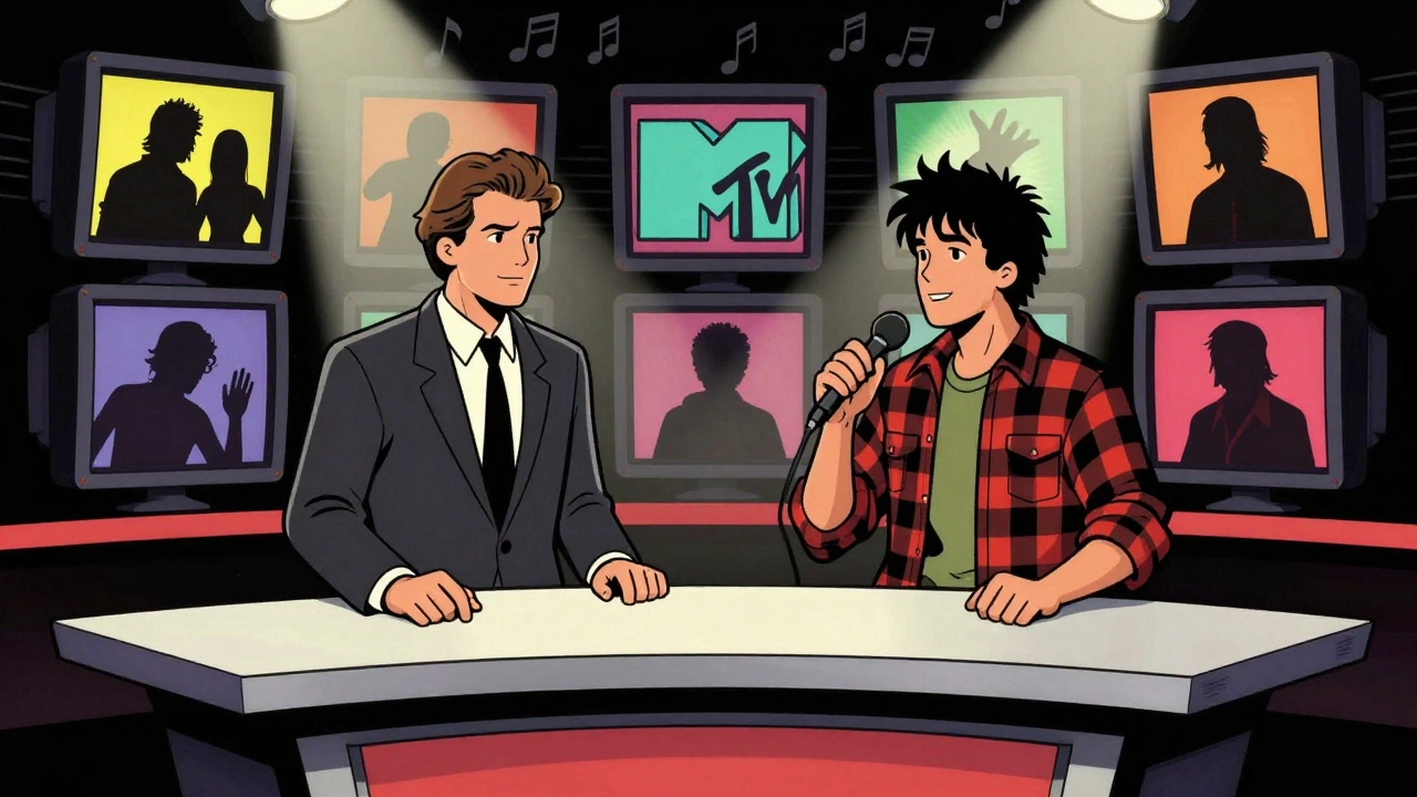 Cartoon of 120 Minutes hosts with alt-rock band silhouettes