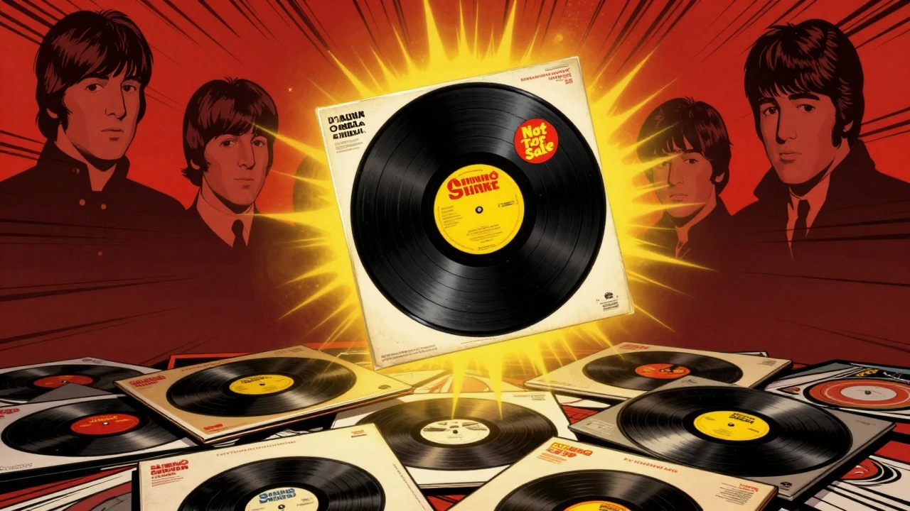 Cartoon of a rare promo album glowing above common copies, symbolizing scarcity.