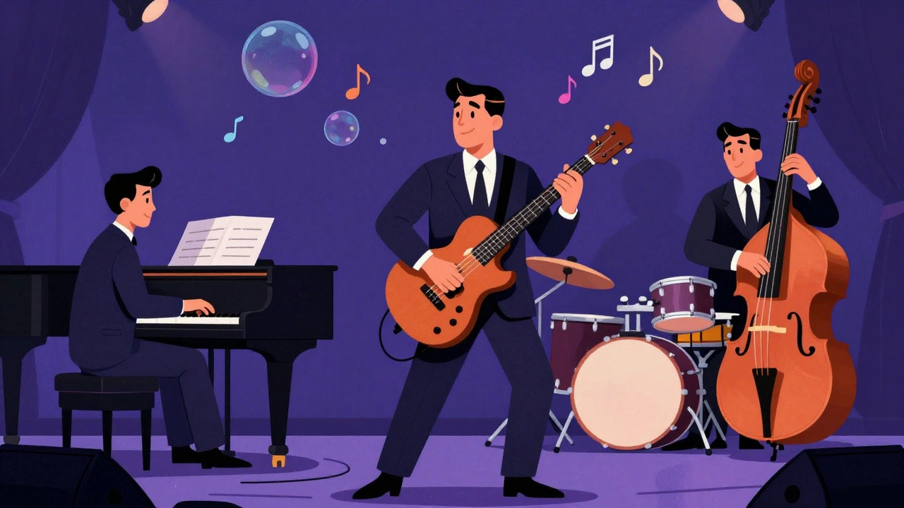 Cartoon of a smooth jazz band performing on stage at night.