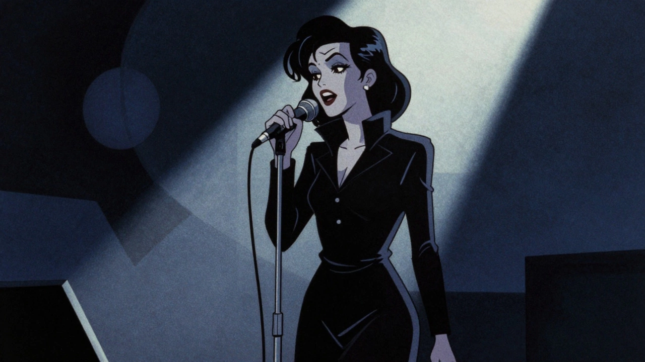 Cartoon of a trip-hop singer under a spotlight on stage