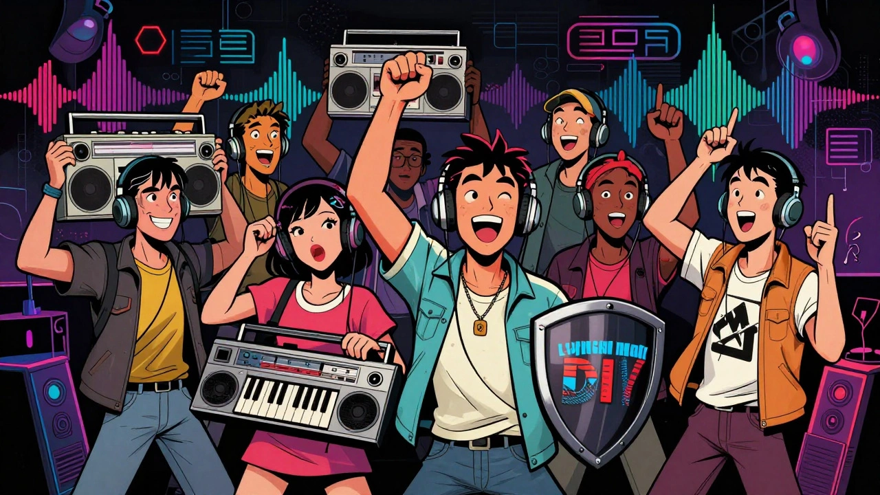 Cartoon of empowered indie musicians celebrating the DIY music revolution.