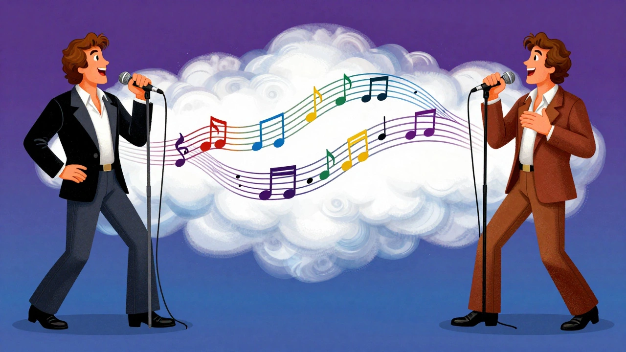 Cartoon of two singers blending harmonies with swirling sound waves