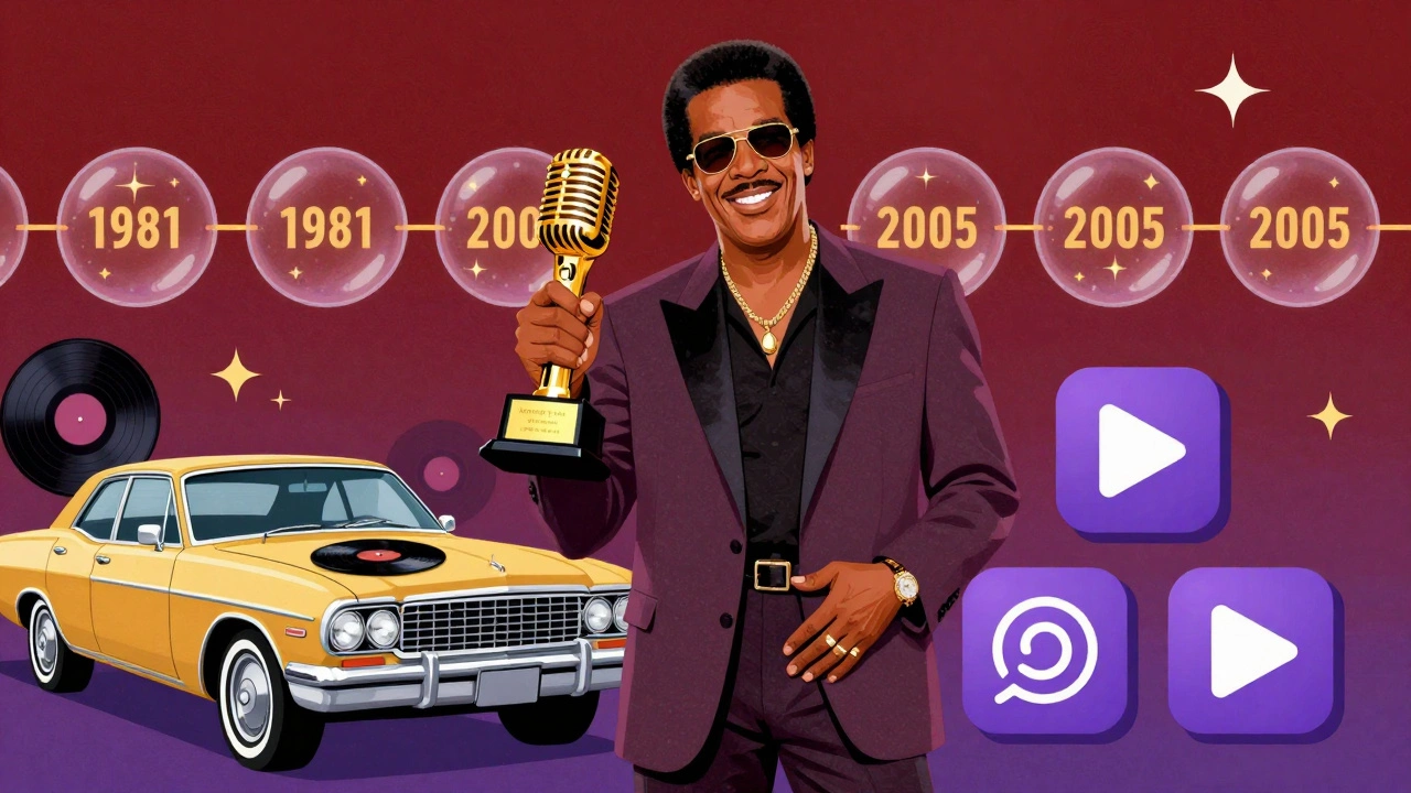 Cartoon of Vandross bridging Motown and modern eras with a golden microphone trophy.