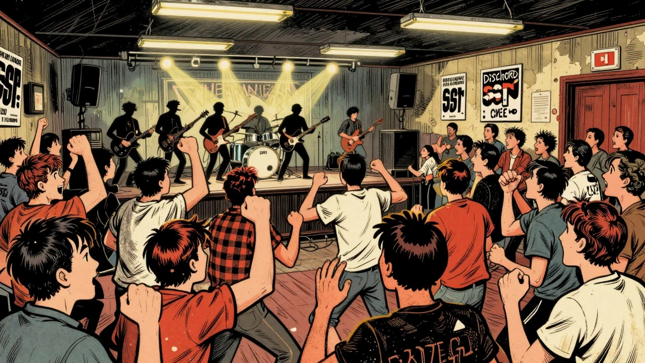 Cartoon scene of a mosh pit at a grassroots VFW hall concert.