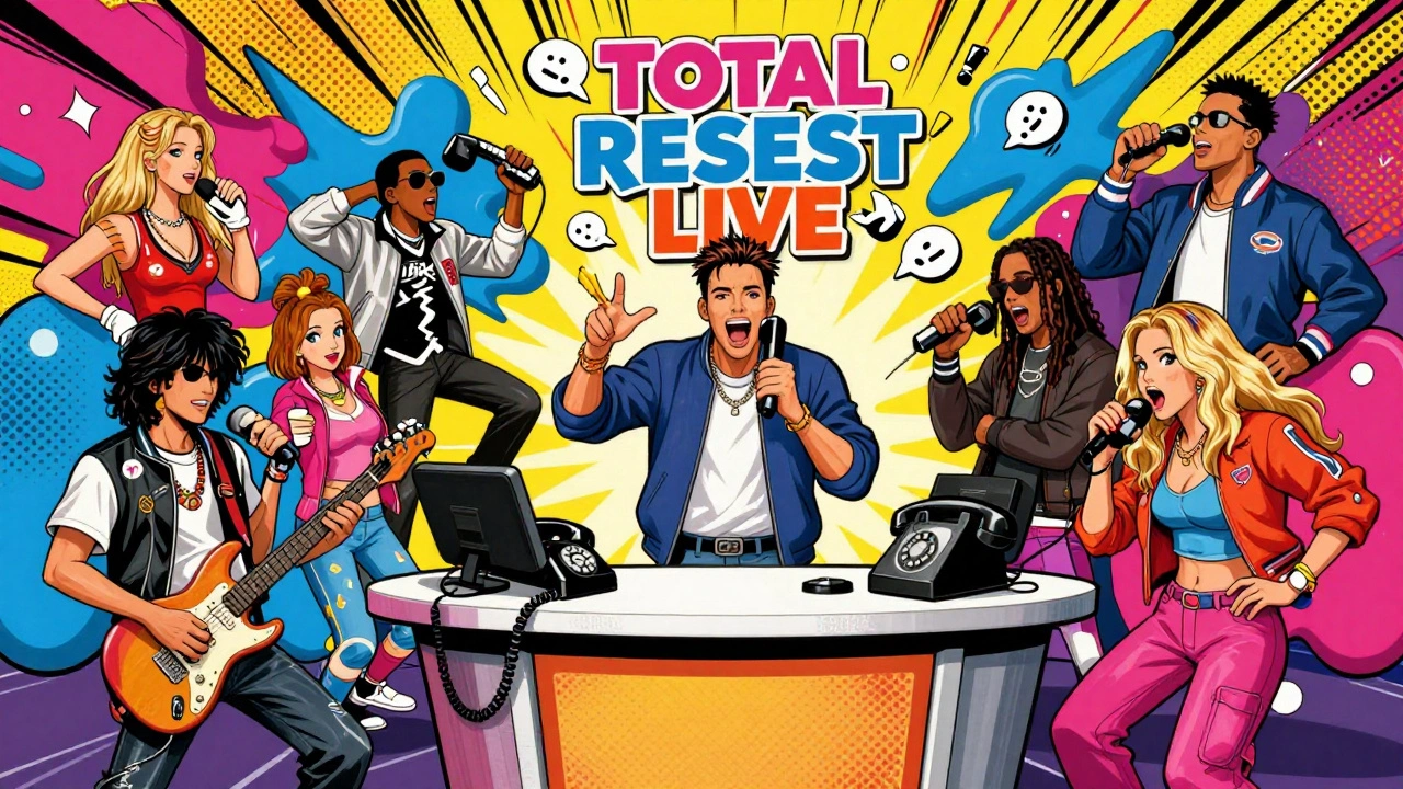 Cartoon scene of TRL host surrounded by pop stars and phone voting graphics