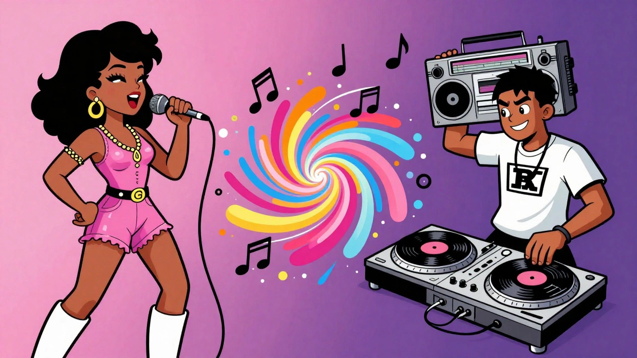 Cartoon showing R&amp;B singer and Hip-Hop DJ merging styles