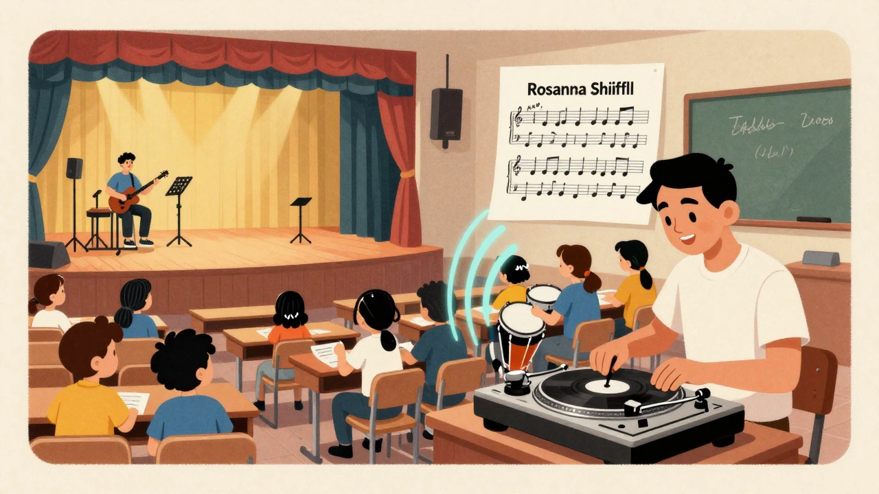 Cartoon showing Toto's musical legacy influencing students and hip-hop producers.