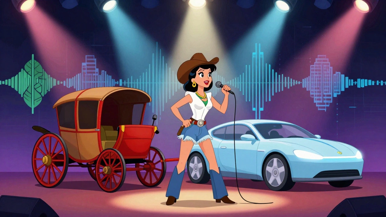 Cartoon singer on stage with horse and car merging in background
