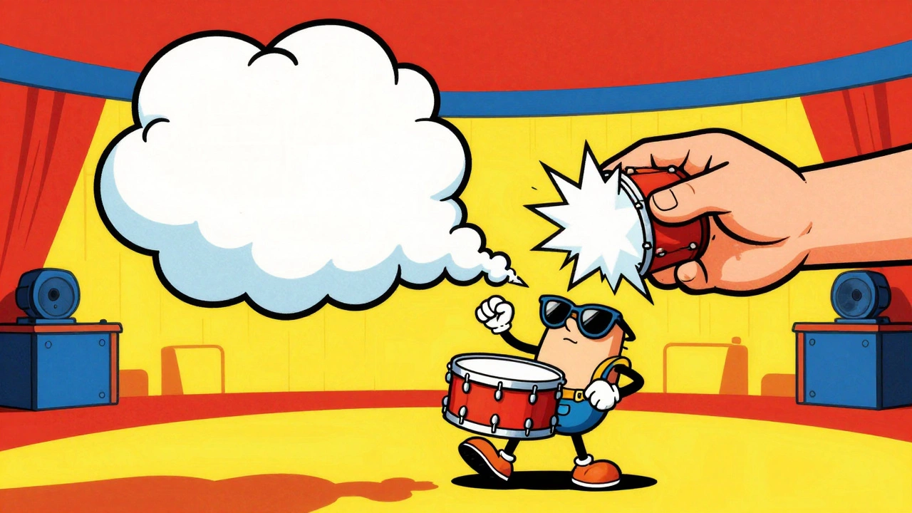 Cartoon snare drum exploding with gated reverb cloud cut by a noise gate hand
