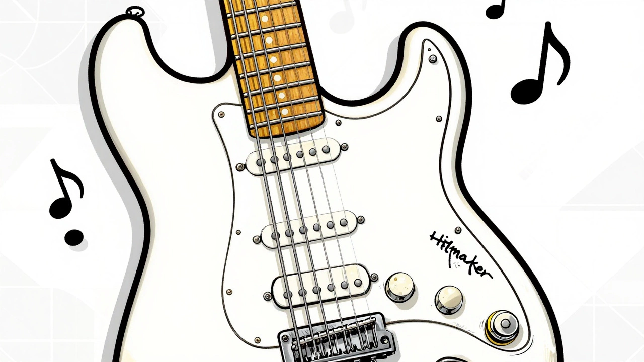 Close-up illustration of Nile Rodgers' white Fender Stratocaster with musical notes floating around it.