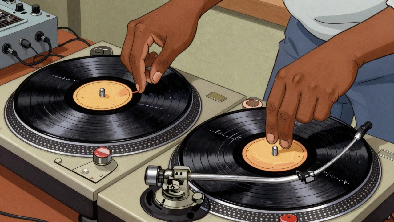 Close-up of hands beat juggling vinyl records with slipmats