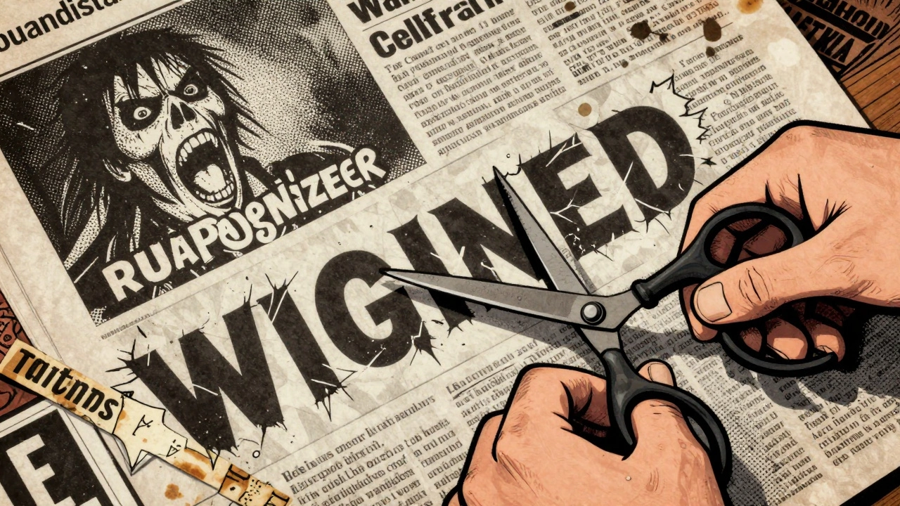 Close-up of hands cutting newspaper clippings for a punk collage flyer.
