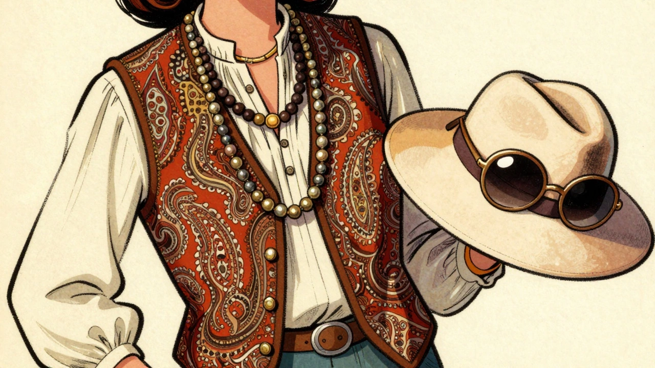 Close-up of paisley vest, wide-brimmed hat, and chunky vintage accessories