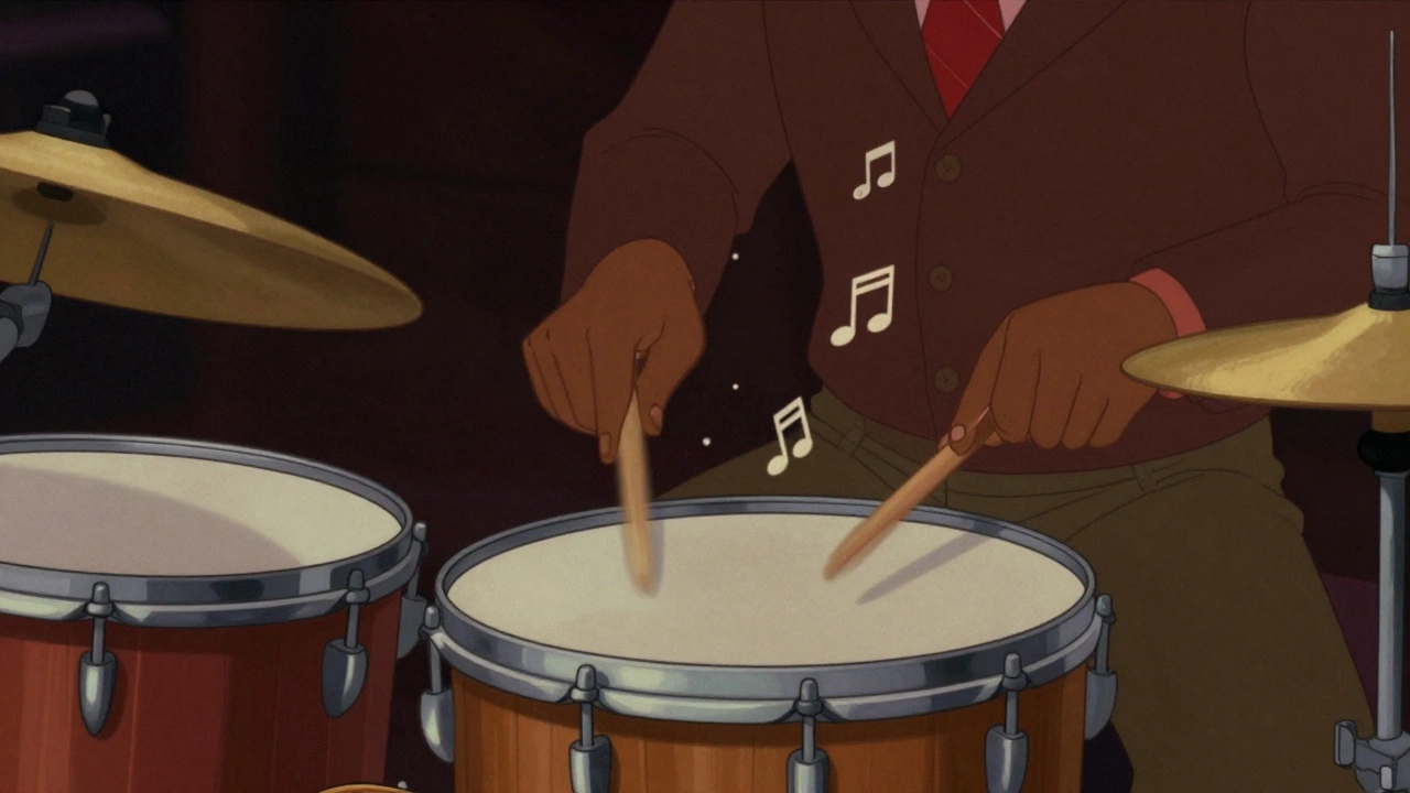Clyde Stubblefield playing drums with ghost notes floating in retro art.