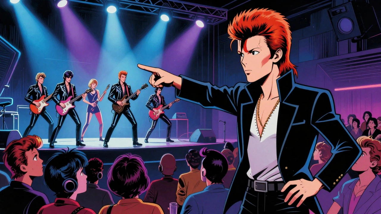 David Bowie pointing at The Human League performing on stage under neon lights.