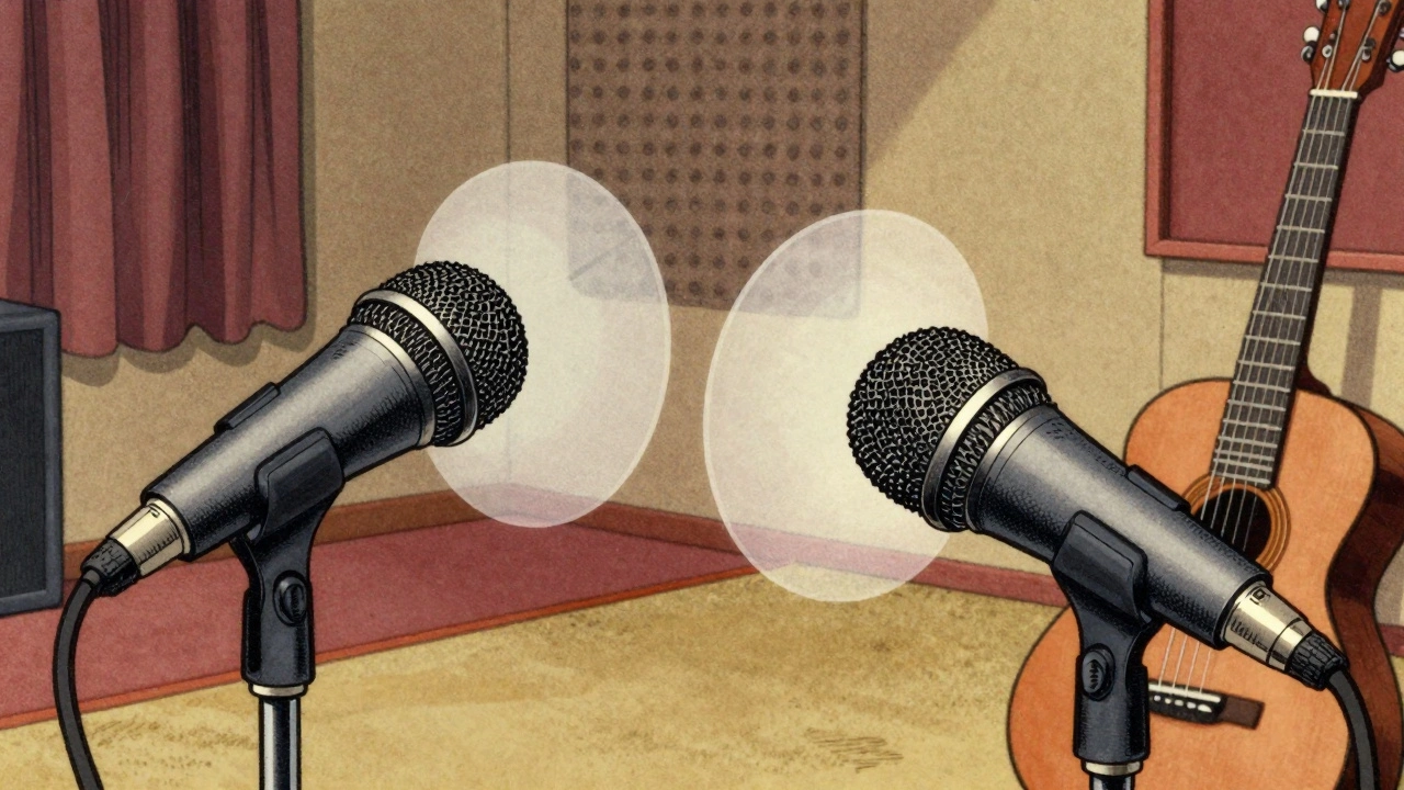 Diagram showing dual figure-8 microphones isolating guitar and vocal sounds in a cartoon style.