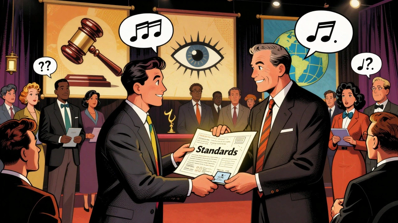 Diverse journalists exchanging standards at a vintage-style awards ceremony