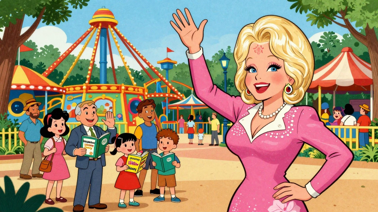 Dolly Parton at Dollywood with fans and charity work in vintage cartoon
