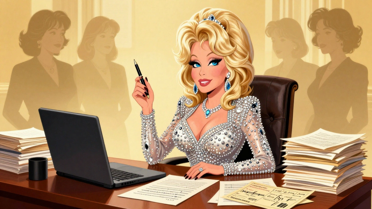Dolly Parton managing publishing rights and royalties in vintage illustration