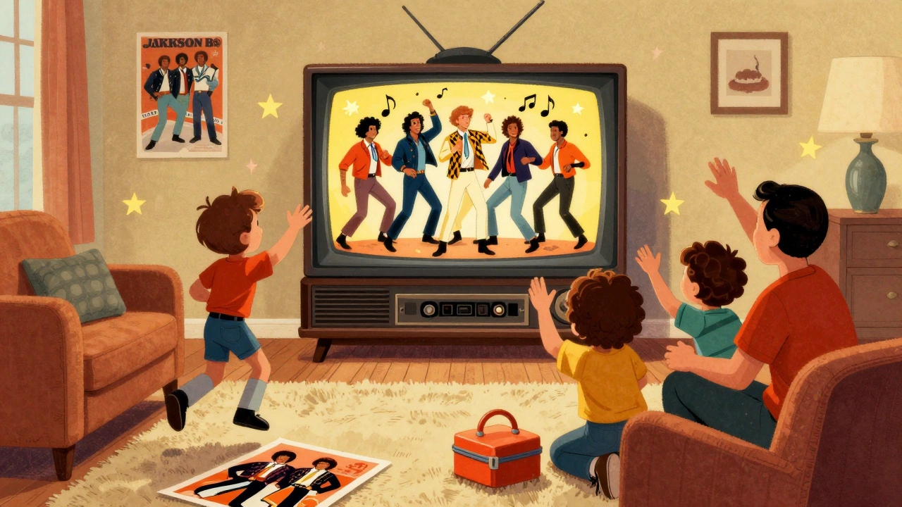 Family watches Jackson 5 on TV while kids play with merchandise.