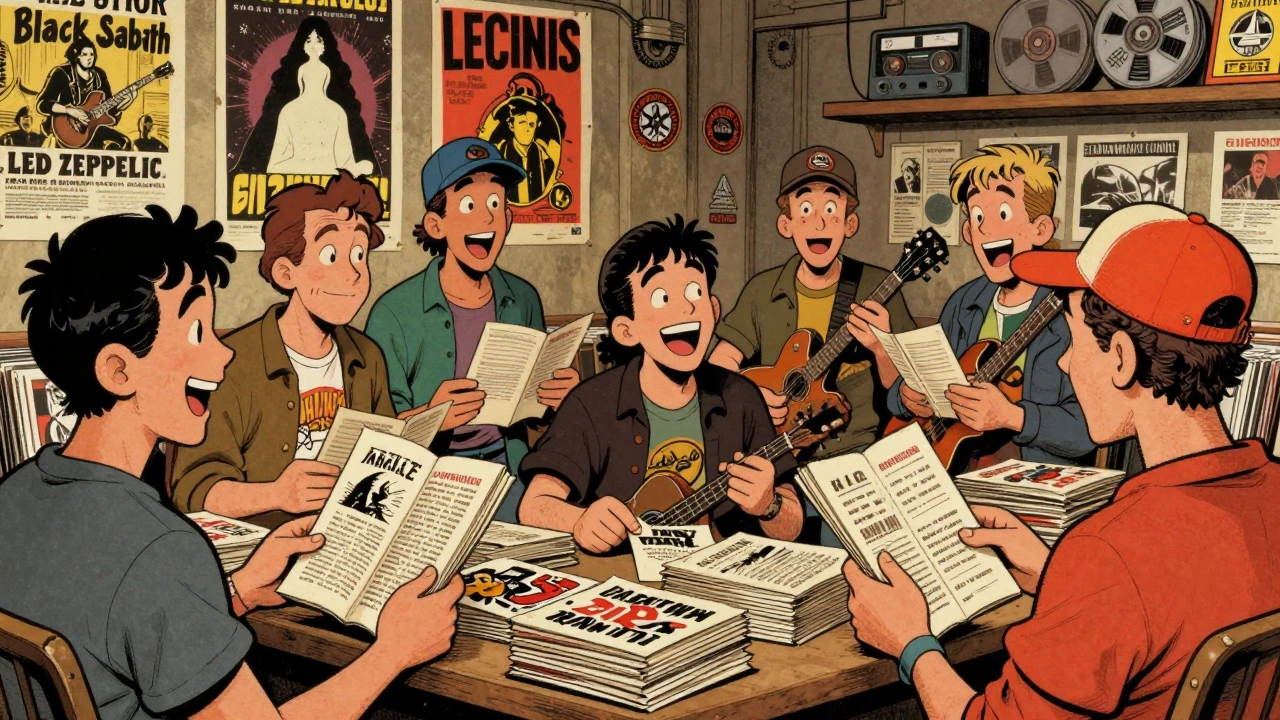 Fans exchanging handmade metal fanzines at a crowded 1970s underground music event.