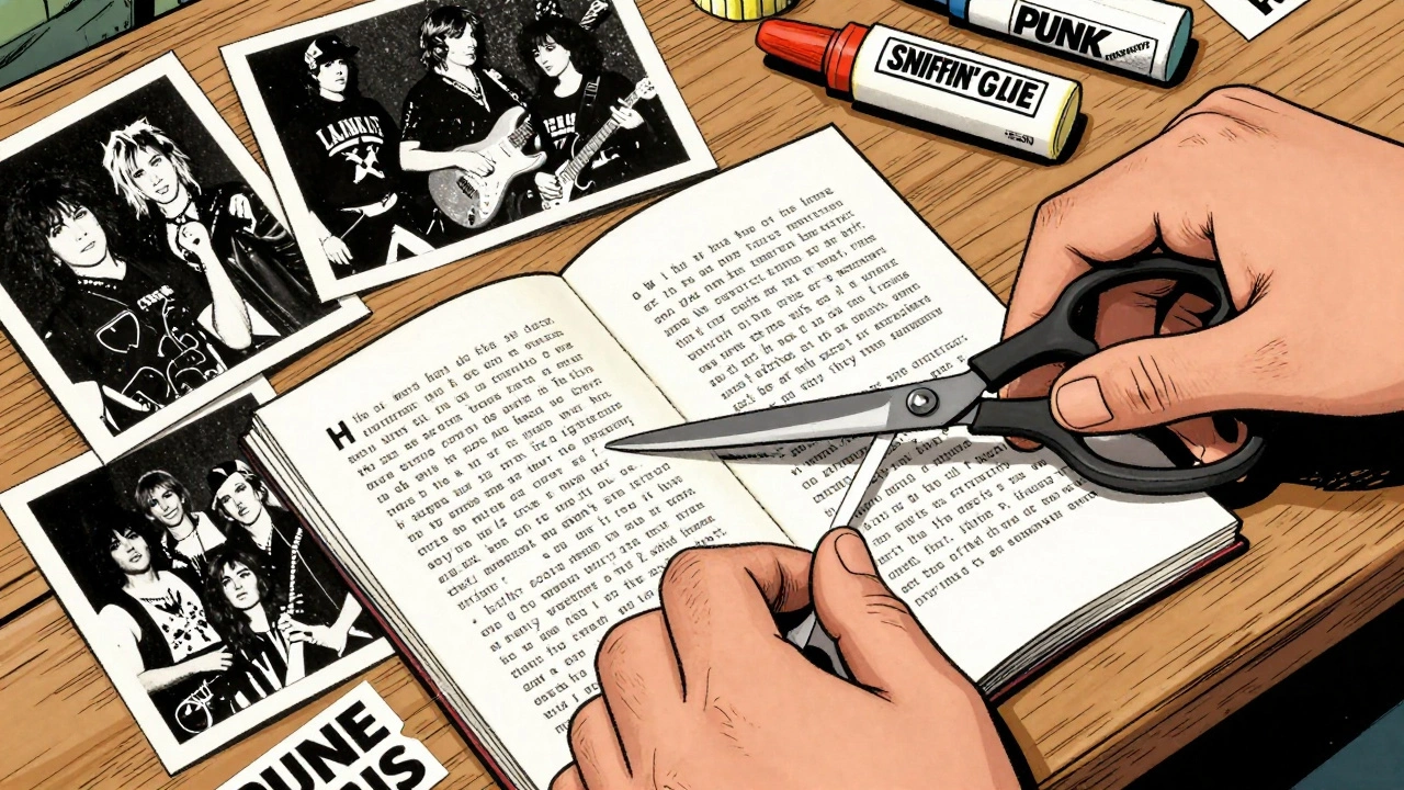 Hands cutting and pasting text and photos onto a zine layout using scissors and rubber cement.