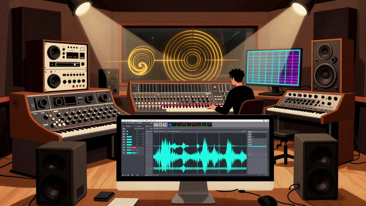 Illustration blending vintage analog gear with modern digital editing tools.