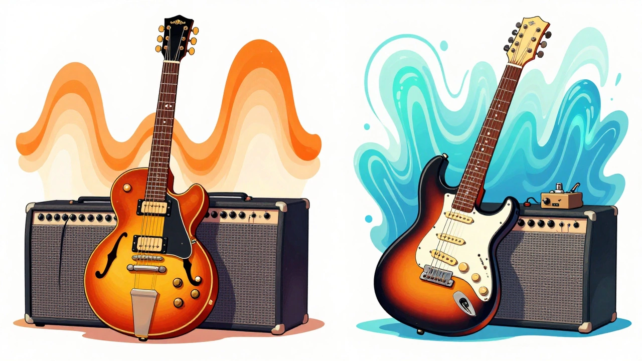 Illustration comparing warm and bright guitar tones visually.