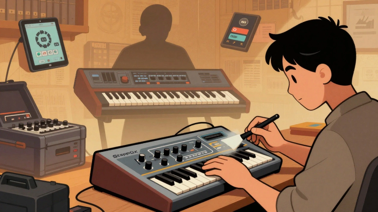 Illustration of a collector preserving rare vintage guitar synth hardware.