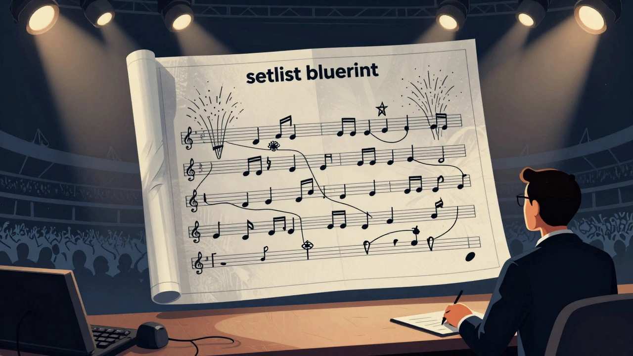 Illustration of a concert setlist blueprint showing stage production planning.