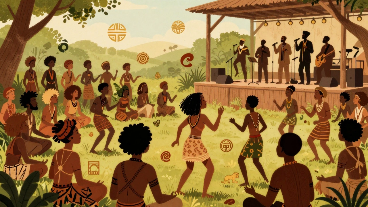 Illustration of a diverse crowd celebrating reggae culture with spiritual symbols.
