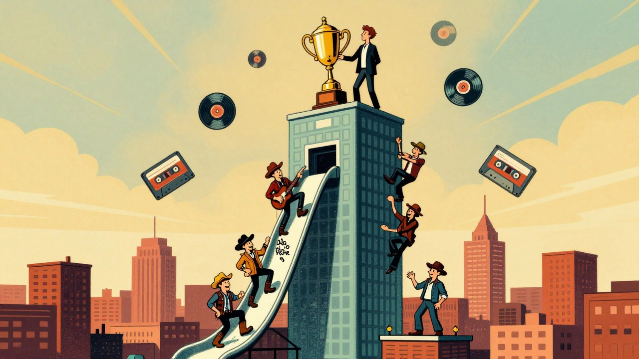 Illustration of a giant music chart building with genres climbing or sliding