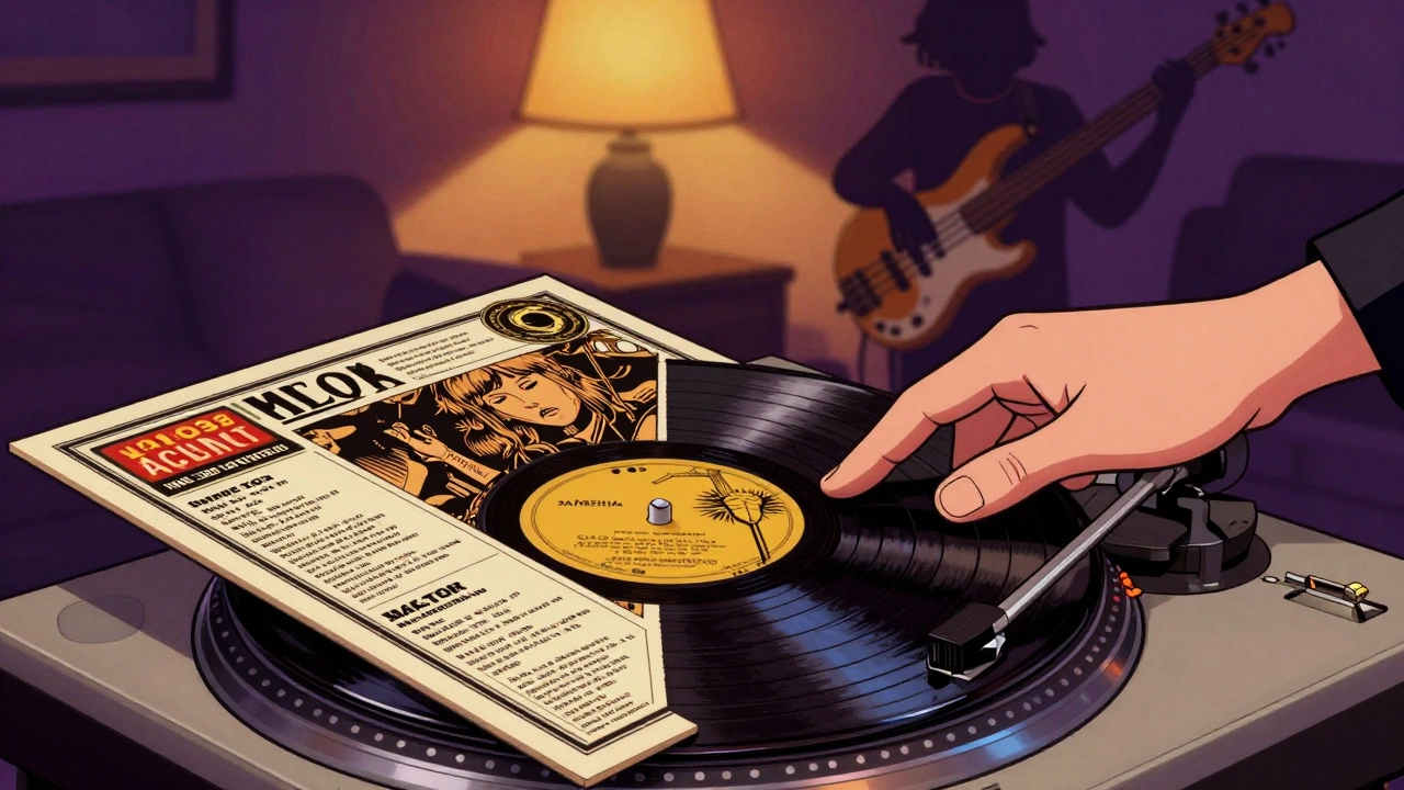 Illustration of a hand placing a premium vinyl record on a turntable.