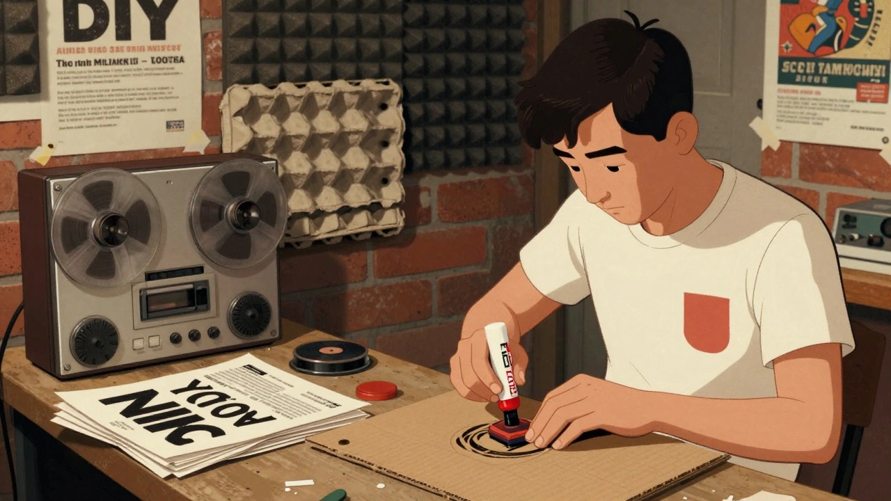 Illustration of a musician making DIY records and flyers in a garage.