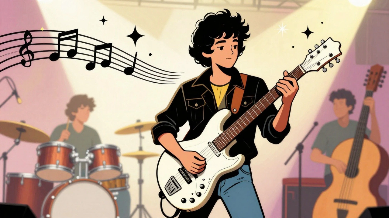 Illustration of a musician playing a Rickenbacker 330 with sparkling sound effects.