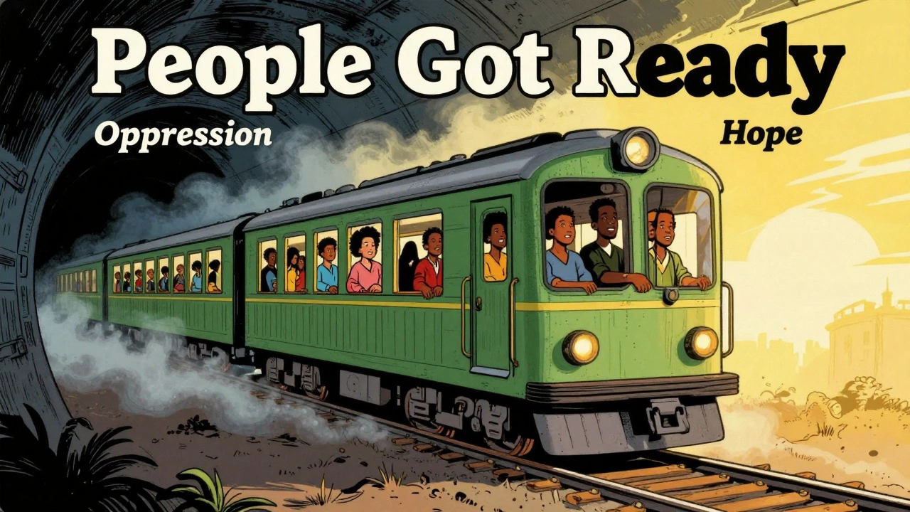 Illustration of a train emerging from darkness into light, symbolizing hope.