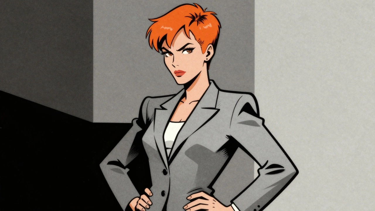 Illustration of Annie Lennox in a suit with short orange hair