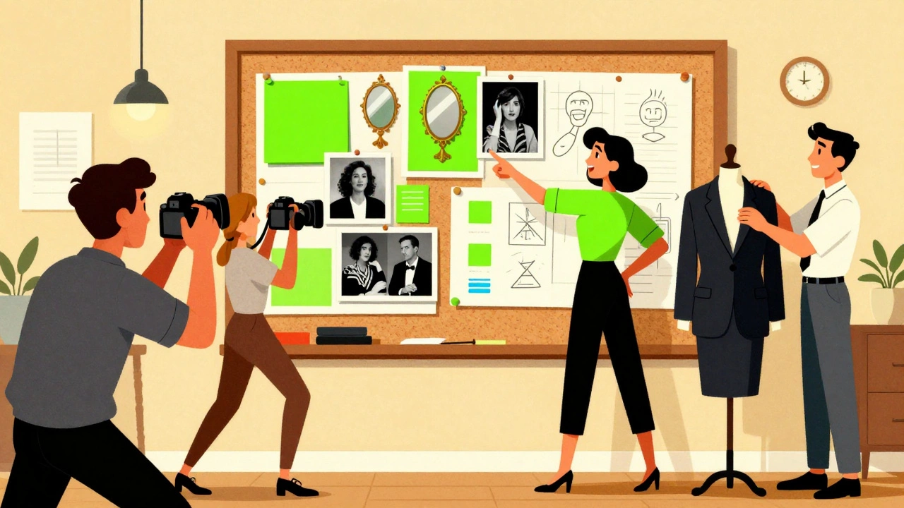 Illustration of artist and team planning visual brand around a mood board in studio.