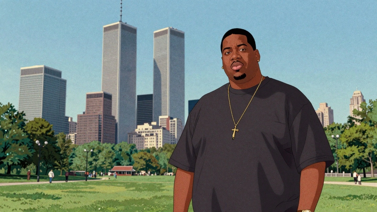 Illustration of Biggie Smalls posing with the Twin Towers in the background.