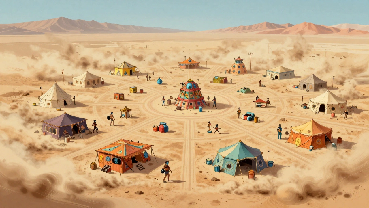 Illustration of desert festival city during a swirling dust storm