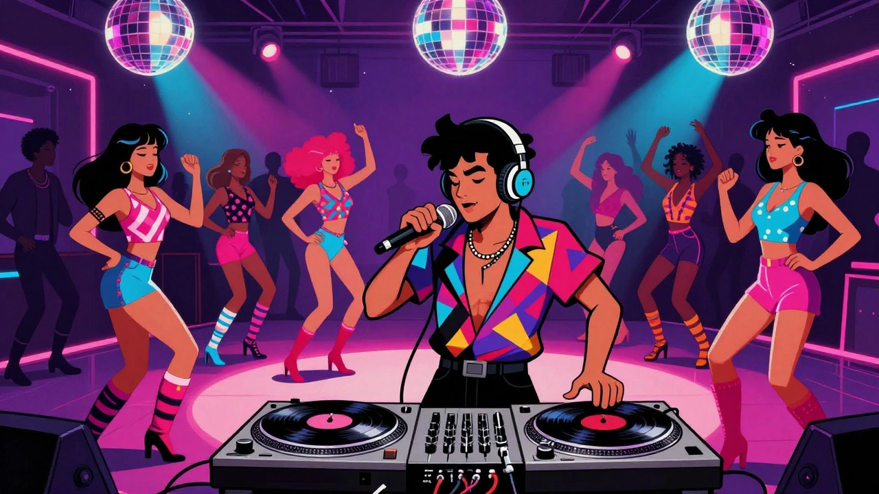 Illustration of energetic 1980s funk nightclub dance floor and DJ