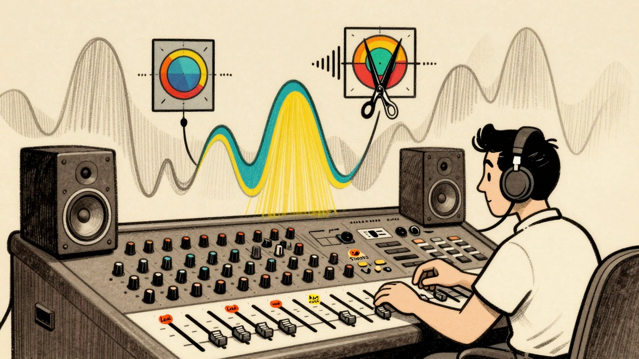 Illustration of engineer mixing vocals with filters on an analog console