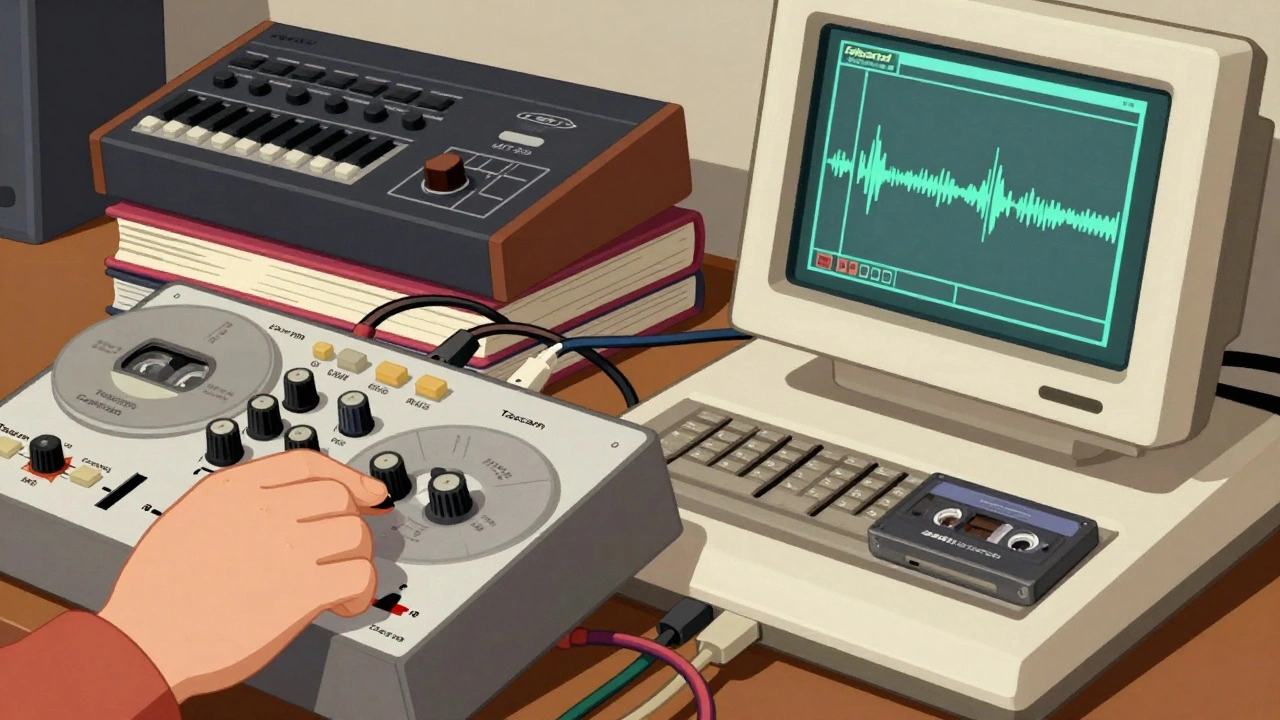 Illustration of hands operating vintage cassette recorders and computers.