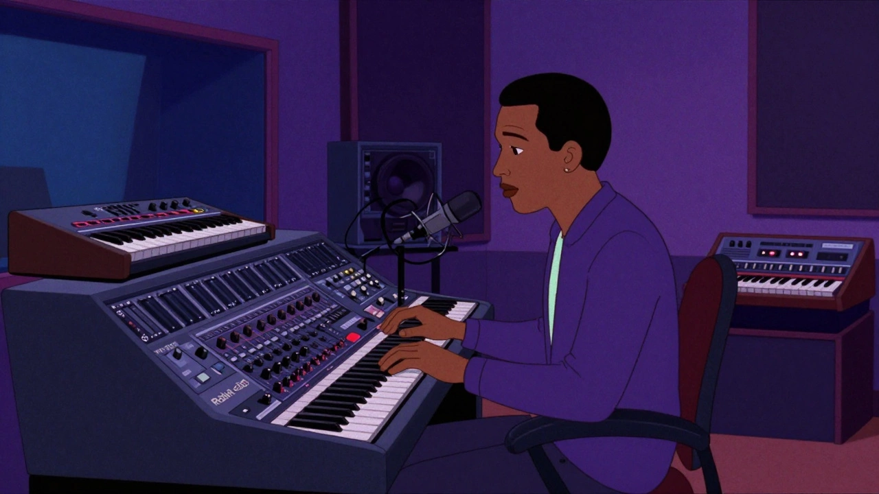 Illustration of Marvin Gaye recording Midnight Love with synthesizers and drum machines
