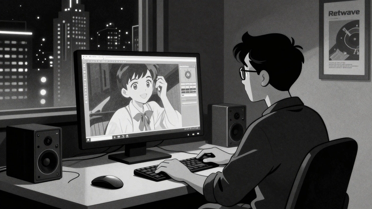 Illustration of modern creator blending 80s B&amp;W archival footage with new digital art.