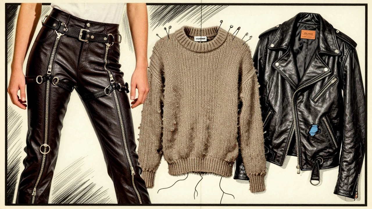 Illustration of punk bondage trousers and unraveling sweater in vintage comic style.