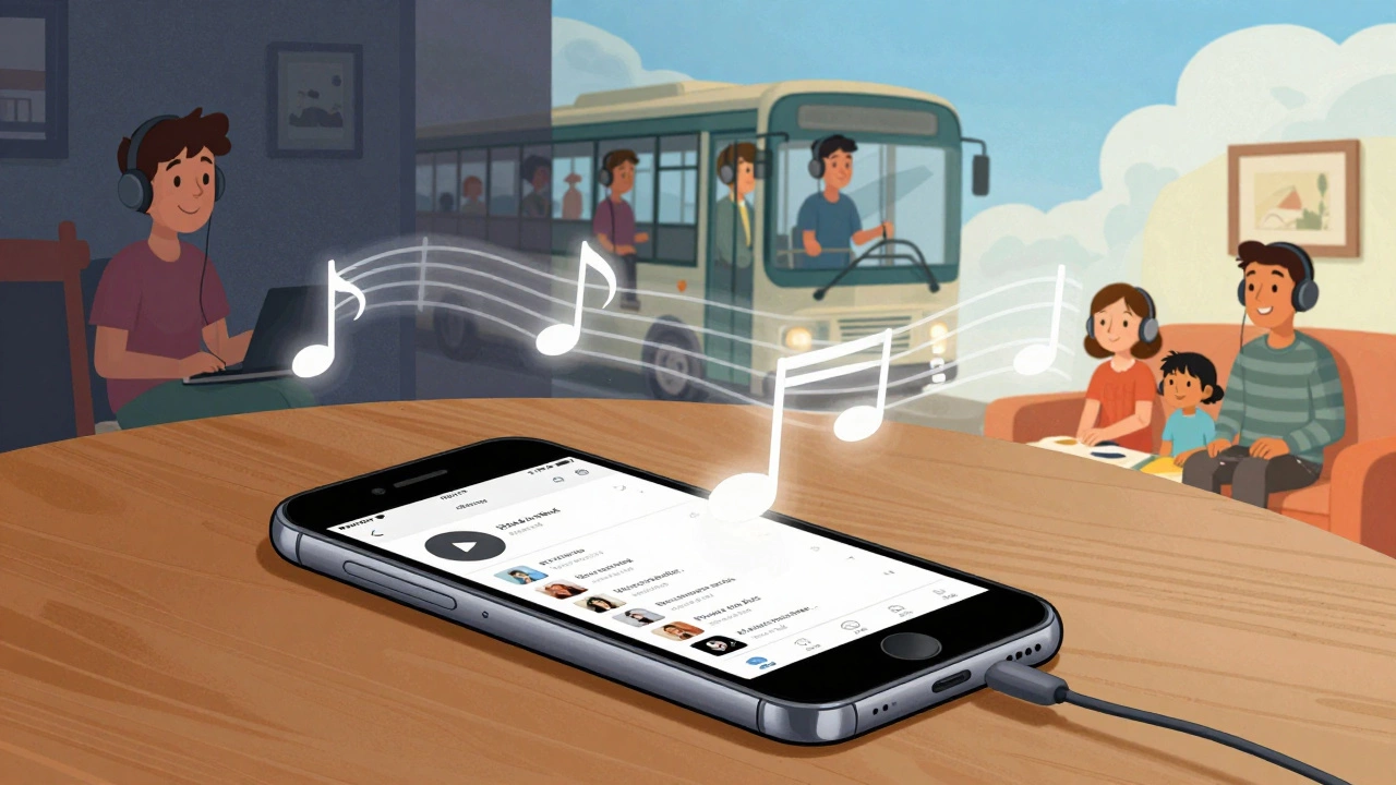 Illustration of smartphone streaming connecting listeners globally.