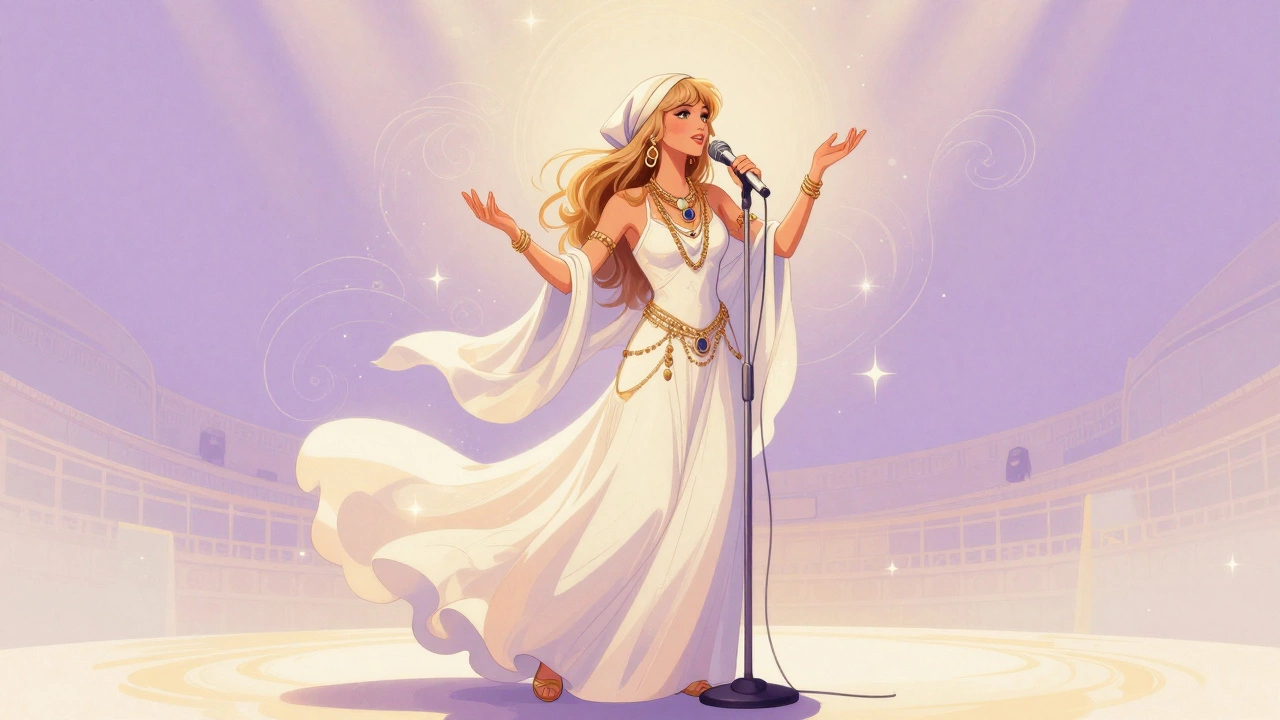 Illustration of Stevie Nicks in bohemian dress performing mystically